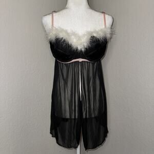 Inner Secrets Babydoll Nightgown Women's XL Black Feather Trim Sheer Lingerie